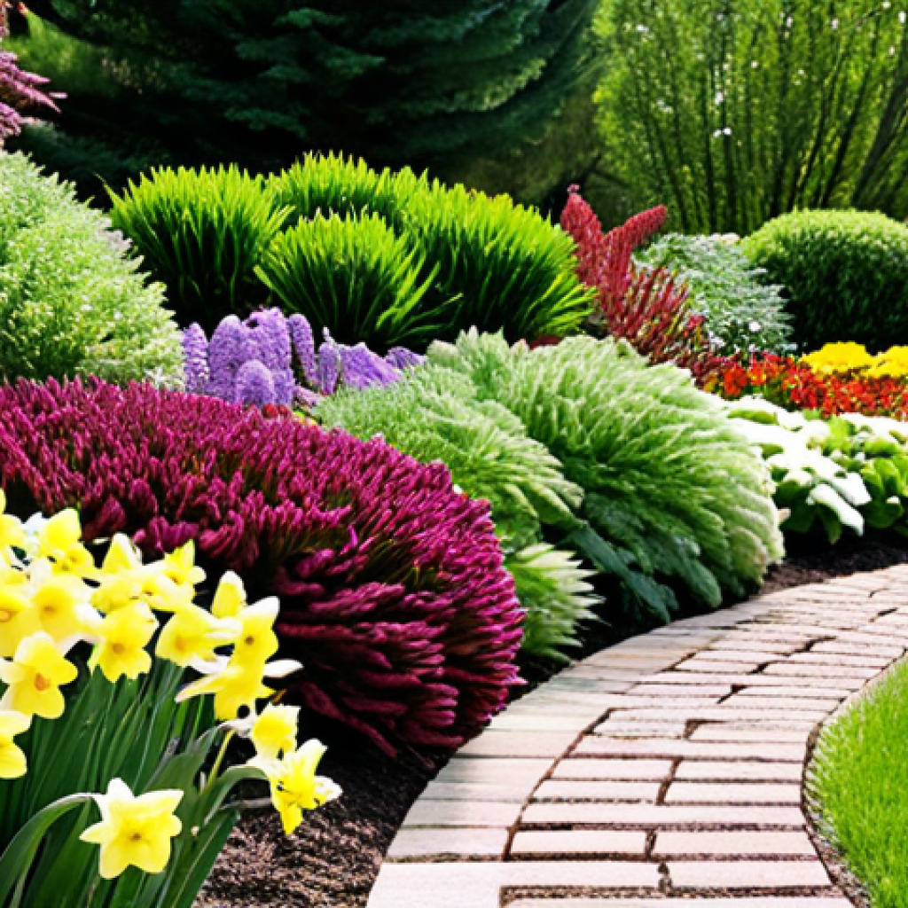**Image Prompt:** A vibrant, colorful perennial garden in full bloom. Focus on showcasing the strategic planting, with flowers blooming at different times of the year. Include a mix of spring, summer, and autumn bloomers like daffodils, coneflowers, asters, and sedum. The image should emphasize the continuous flow of color throughout the growing season.