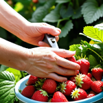 A vibrant, close-up photograph of hands gently harvesting ripe, red strawberries from a lush perennial garden. Dewdrops glisten on the berries, showcasing their freshness. In the background, a variety of leafy greens and herbs are thriving, bathed in soft sunlight. A pair of pruning shears rests nearby. The overall feel is one of abundance and gentle care.