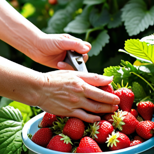 Home 6 A vibrant, close-up photograph of hands gently harvesting ripe, red strawberries from a lush perennial garden. Dewdrops glisten on the berries, showcasing their freshness. In the background, a variety of leafy greens and herbs are thriving, bathed in soft sunlight. A pair of pruning shears rests nearby. The overall feel is one of abundance and gentle care.