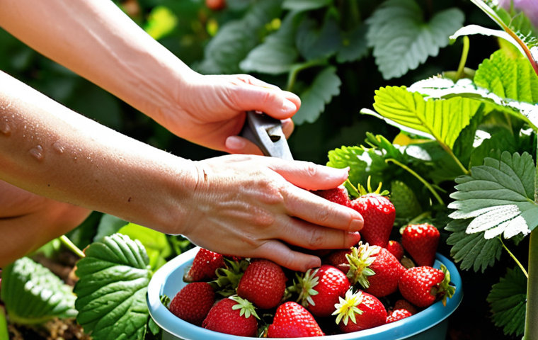 A vibrant, close-up photograph of hands gently harvesting ripe, red strawberries from a lush perennial garden. Dewdrops glisten on the berries, showcasing their freshness. In the background, a variety of leafy greens and herbs are thriving, bathed in soft sunlight. A pair of pruning shears rests nearby. The overall feel is one of abundance and gentle care.