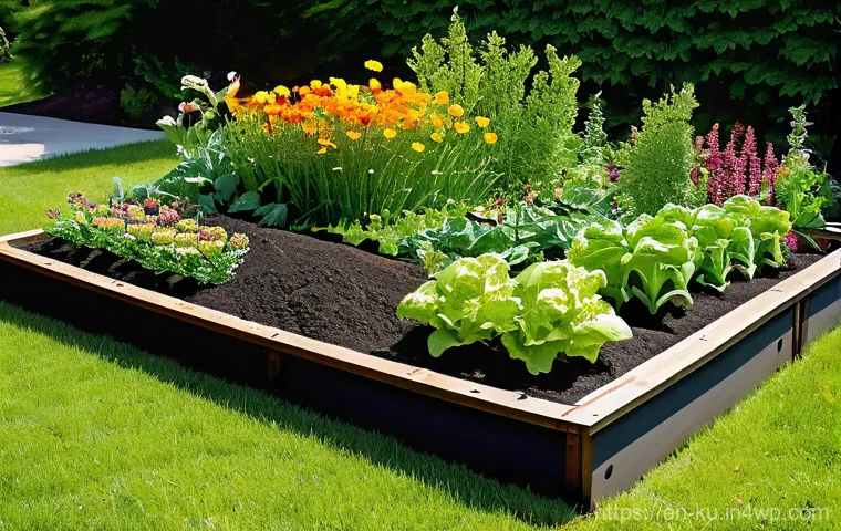 식용 정원에서 다년생 식물과 일년생 식물의 조화 - **Prompt:** A vibrant, sun-drenched edible garden teeming with life, showcasing a harmonious blend o...