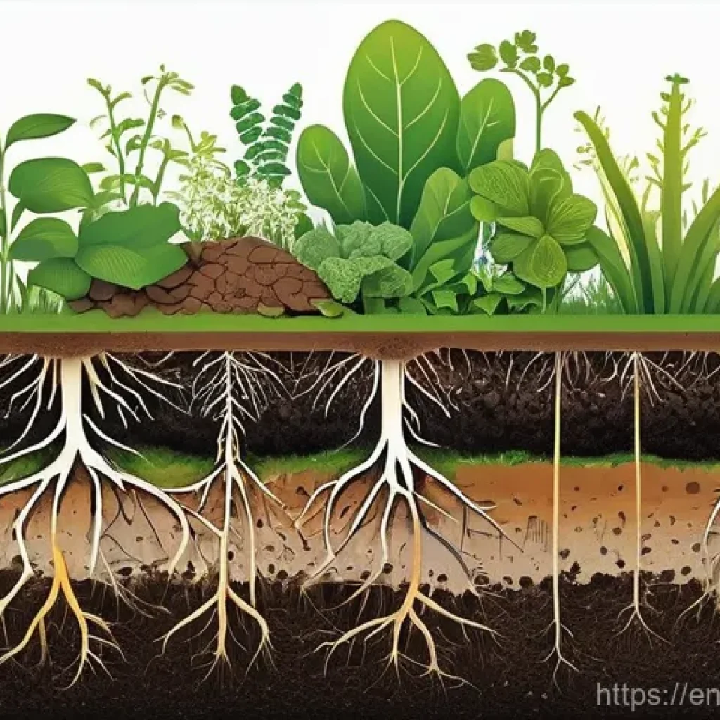 정원에서 다년생 식물 관리의 과학적 접근 - **Prompt:** A vibrant, detailed cross-section of healthy garden soil, revealing a thriving undergrou...