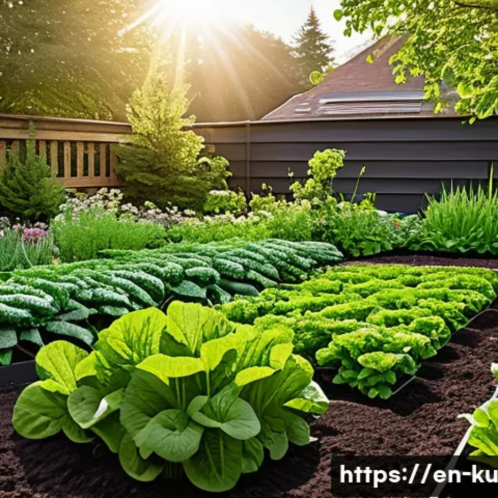 다년생 식용 식물의 영양 관리 방법 - A vibrant garden scene featuring a variety of perennial edible plants including leafy greens like ka...