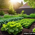 Home 22 다년생 식용 식물의 영양 관리 방법 - A vibrant garden scene featuring a variety of perennial edible plants including leafy greens like ka...