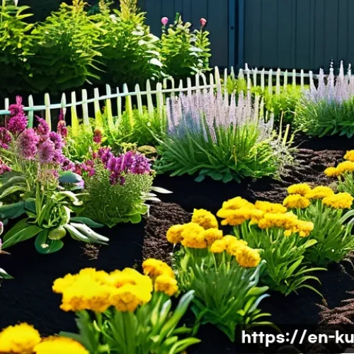 Home 33 다년생 식용 정원에서의 친환경 농법 적용 - A vibrant perennial garden scene showcasing rich, dark soil teeming with visible microbial life, wit...