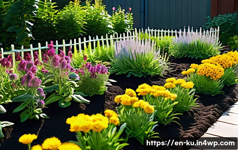 다년생 식용 정원에서의 친환경 농법 적용 - A vibrant perennial garden scene showcasing rich, dark soil teeming with visible microbial life, wit...