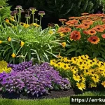 Home 20 정원 설계의 성공적인 다년생 식물 조합 - A vibrant perennial garden scene under full sun, featuring tall black-eyed Susans with bright yellow...
