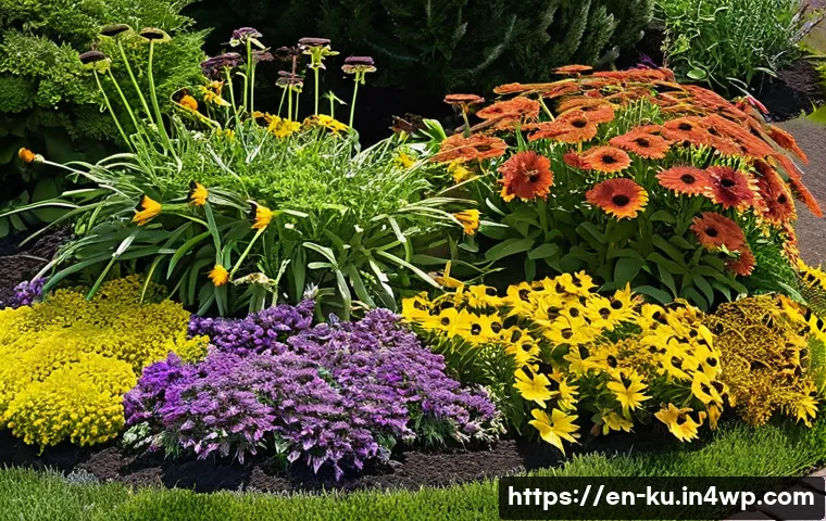 정원 설계의 성공적인 다년생 식물 조합 - A vibrant perennial garden scene under full sun, featuring tall black-eyed Susans with bright yellow...