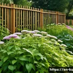 Home 19 다년생 식용 정원의 공간 활용 극대화 방법 - A vibrant, multi-layered perennial garden showcasing vertical growing techniques: a sturdy wooden tr...