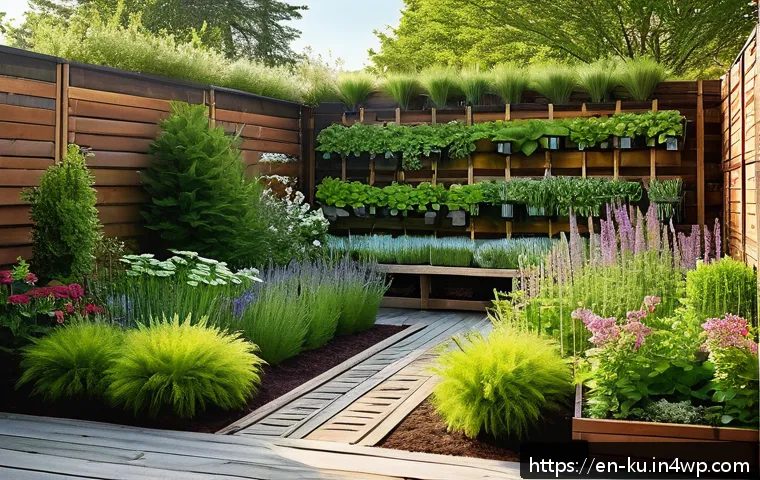 정원 공간에 맞는 다년생 식용 식물 배치 방법 - A sunlit perennial garden scene showcasing a vertical gardening setup with climbing berry bushes tra...