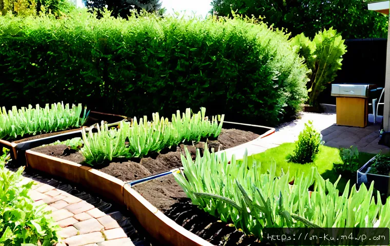 Home 17 다년생 식용 정원 설계의 미래 전망 - Photorealistic future-ready perennial edible garden in a suburban American backyard, organized raise...