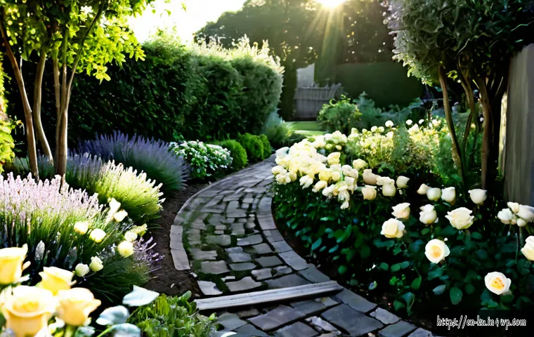 Home 17 정원 디자인을 위한 색상 조합 아이디어 - Photorealistic suburban backyard garden designed around a harmonious lavender, soft yellow, and silv...